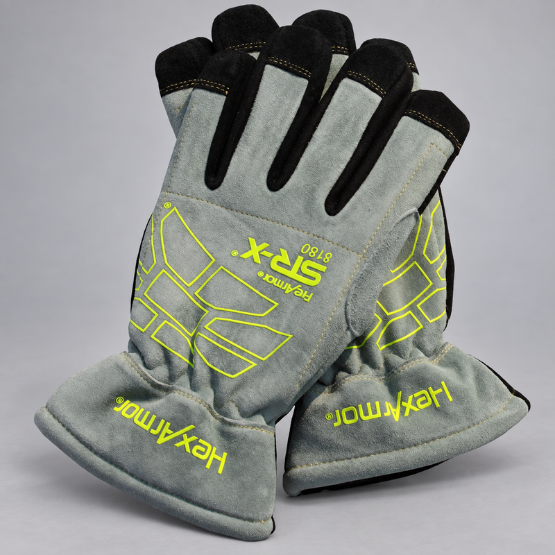 Pair of HexArmor FireArmor SR-X 8180 structural firefighting gloves on a light gray studio background