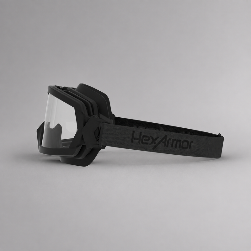 Side view of HexArmor FireArmor MX600 goggle with adjustable HexArmor cloth strap
