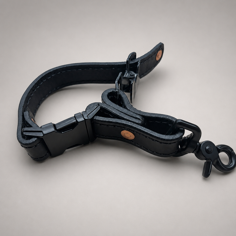 A black leather dog collar with a quick-release plastic buckle, reinforced stitching, and a black metal swivel clasp, shown on a neutral light gray background.
