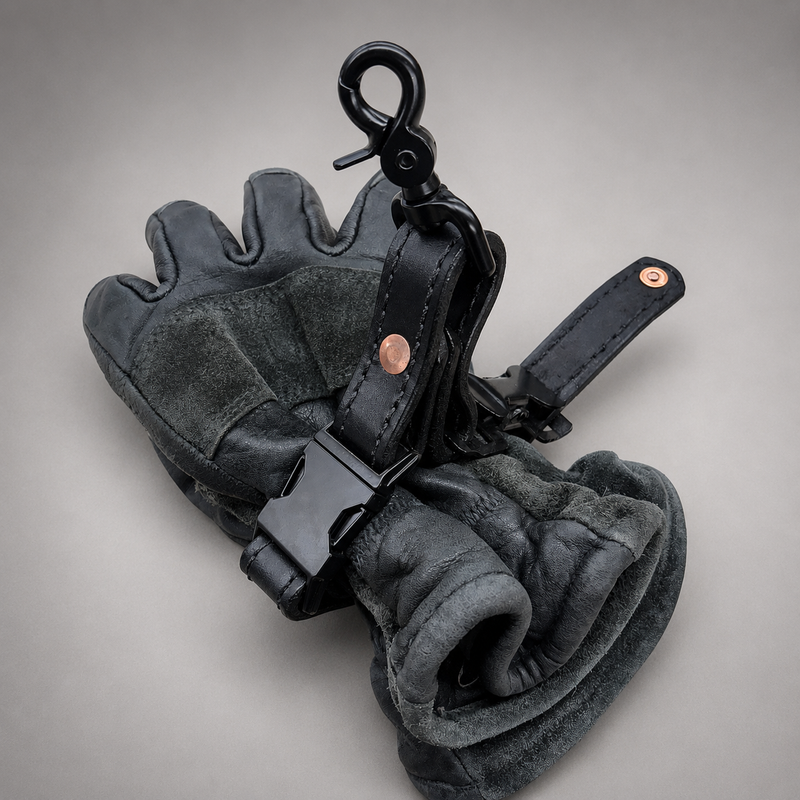 A dark gray leather work glove with a black metal hook and black adjustable strap closure, photographed on a neutral gray background.