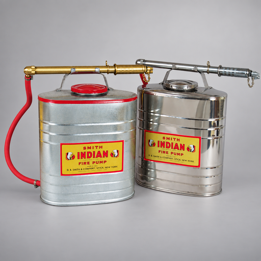 Indian galvanized and stainless steel backpack fire pumps shown side by side