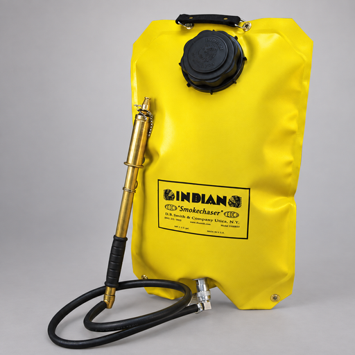Yellow Indian Smokechaser collapsible backpack tank with hose and brass hand pump
