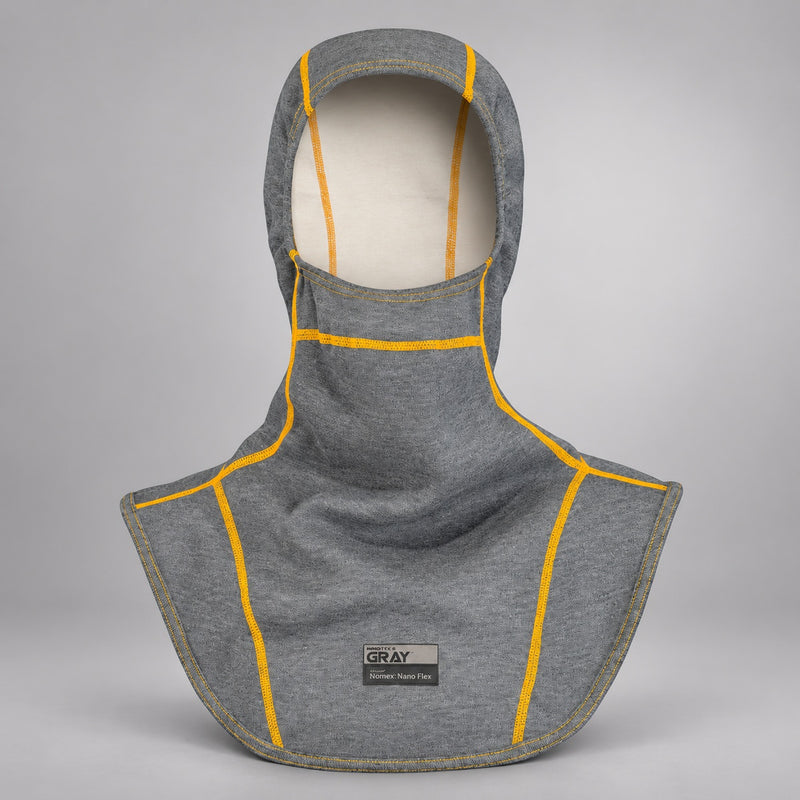 INNOTEX GRAY 25 Nano hood with yellow seams and Nomex Nano Flex label, front view