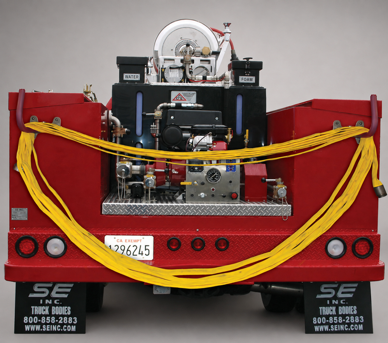 Two red iZone hose hooks supporting yellow fire hose on a fire apparatus