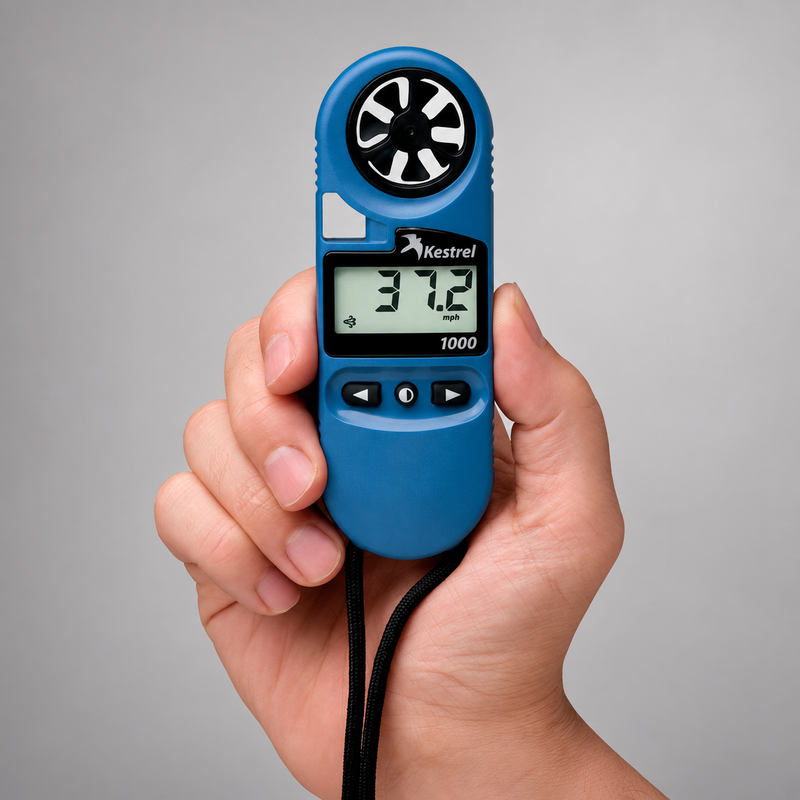 Kestrel 1000 wind meter held in one hand to show its compact size
