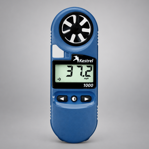 Blue Kestrel 1000 wind meter showing the impeller, digital display, and controls