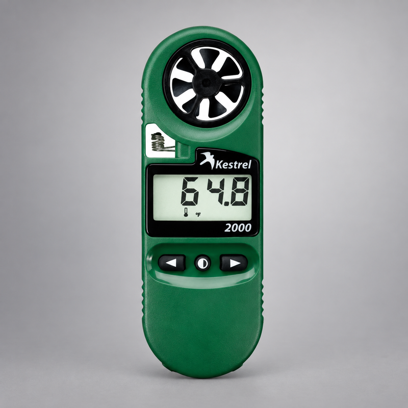Green Kestrel 2000 meter showing the impeller, digital display, and controls