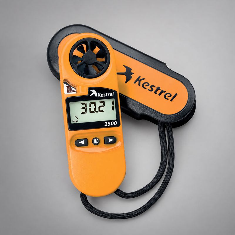 Kestrel 2500 weather meter with its protective cover and lanyard