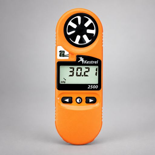 Yellow Kestrel 2500 weather meter showing the impeller, digital display, and controls