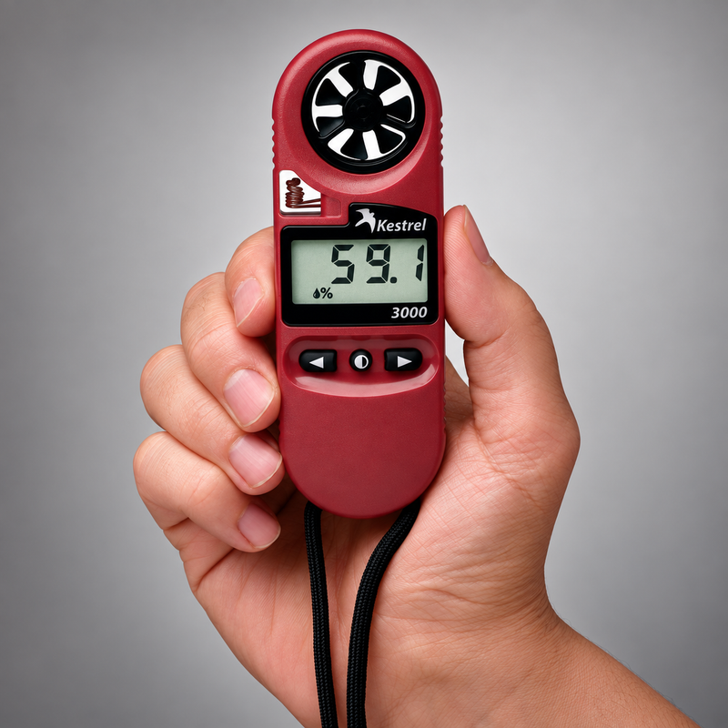 Red Kestrel 3000 held in one hand to show its compact size