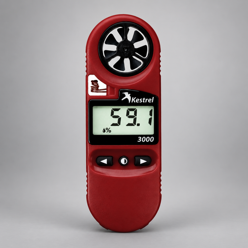 Red Kestrel 3000 weather meter showing its impeller, display, and controls