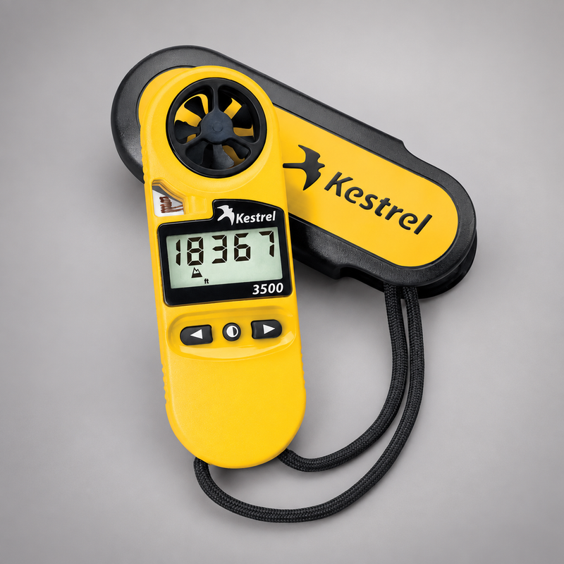 Kestrel 3500 weather meter with its protective cover and lanyard