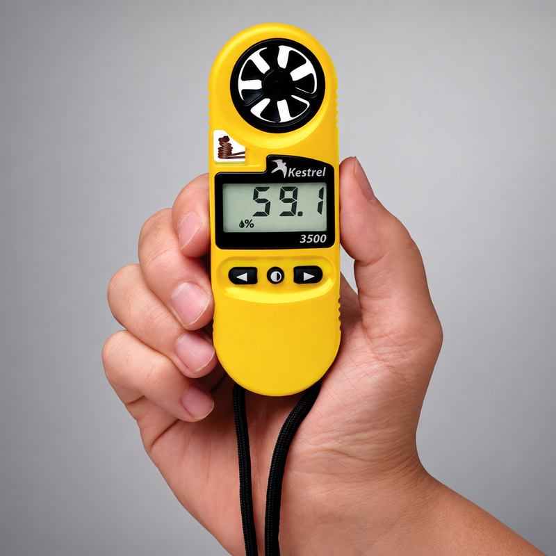 Yellow Kestrel 3500 weather meter held in one hand