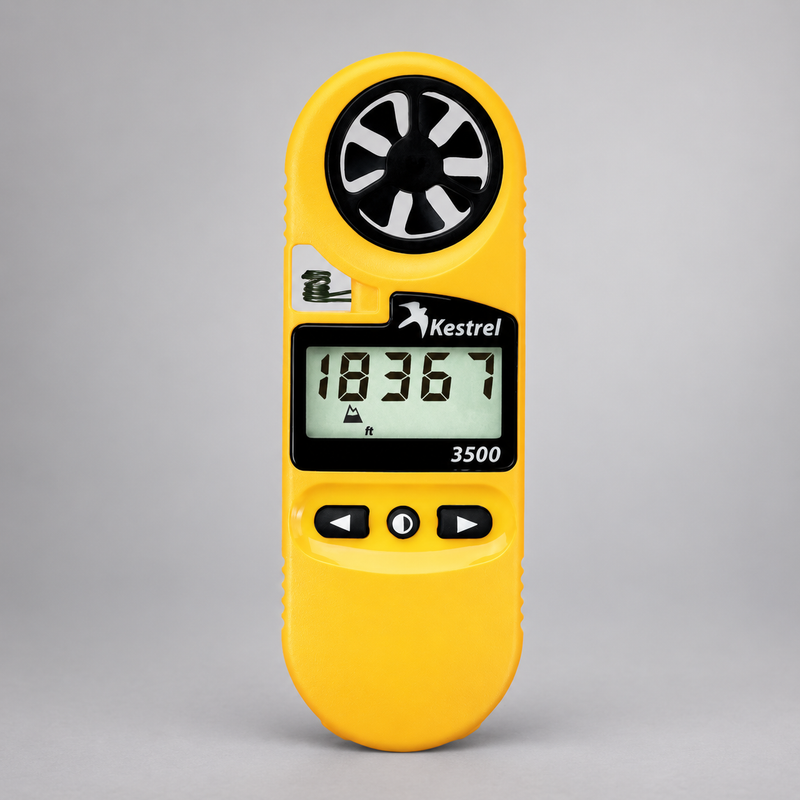 Yellow Kestrel 3500 weather meter showing its impeller, display, and controls