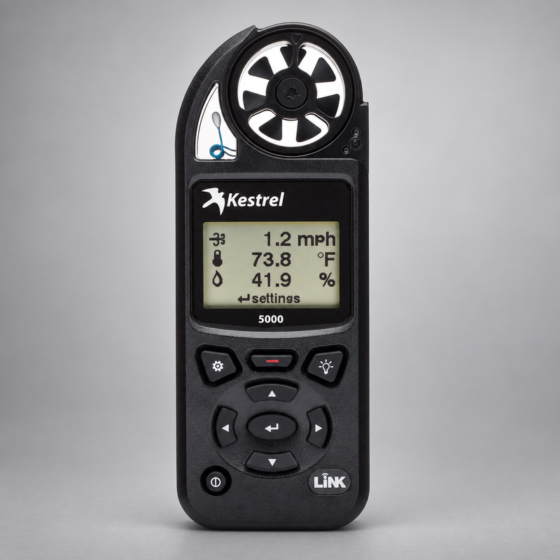 Black Kestrel 5000 environmental meter displaying wind speed
