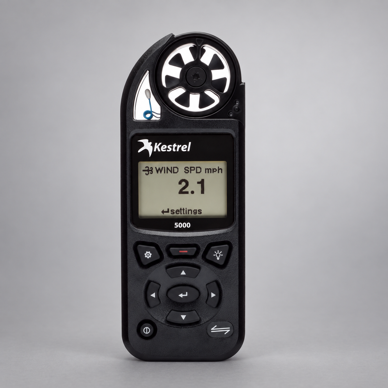 Kestrel 5000 with LiNK marking showing wind speed, temperature, and humidity