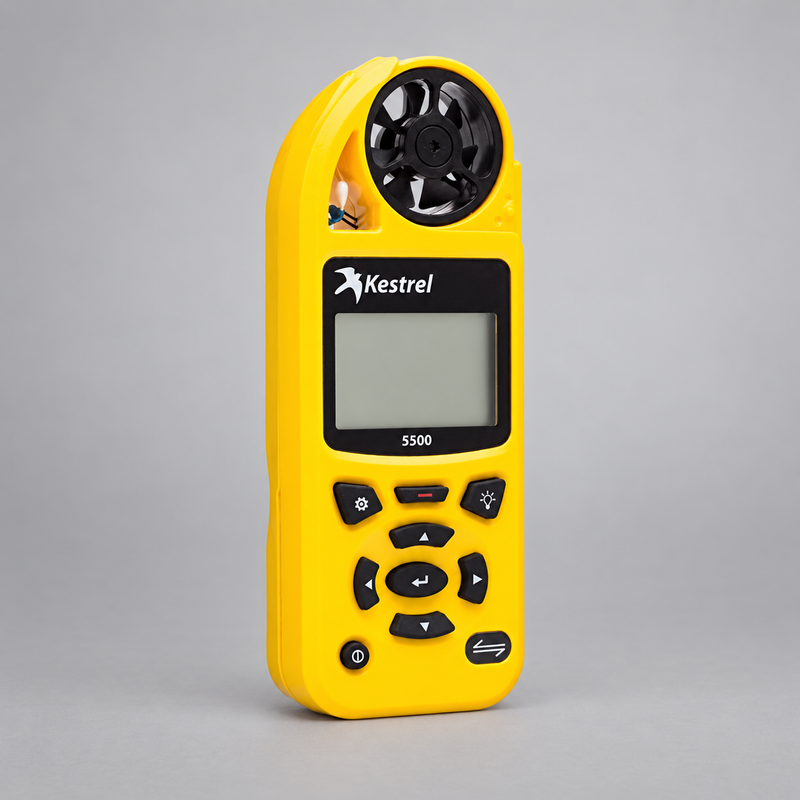 Angled front view of the yellow Kestrel 5500 weather meter