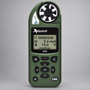 Olive Kestrel 5500 weather meter showing its display and LiNK marking