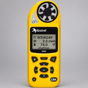 Yellow Kestrel 5500 weather meter showing its display, controls, and LiNK marking