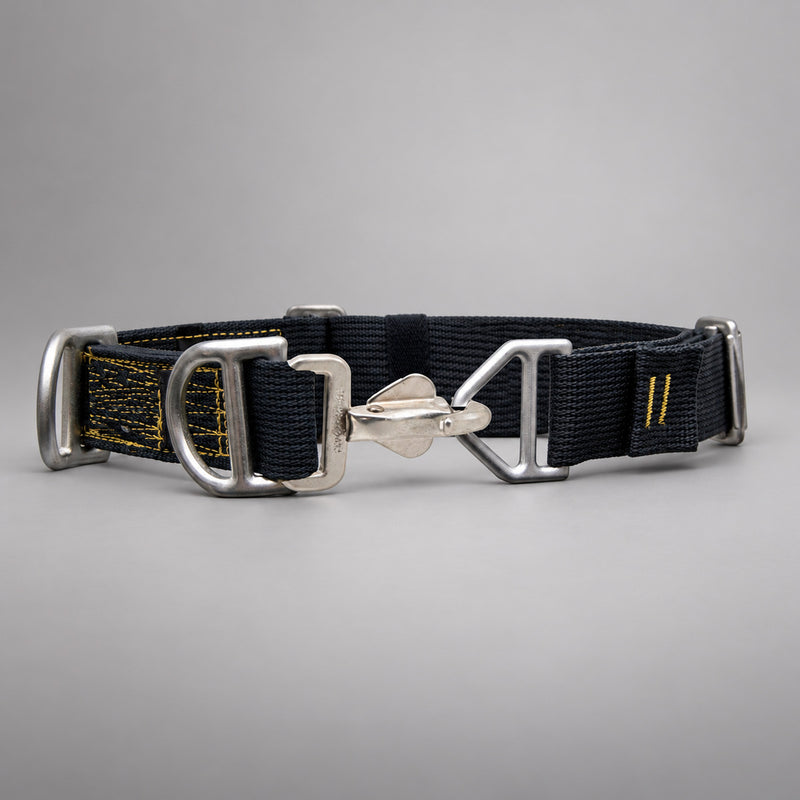 Fire Innovations Lakota NFPA escape and ladder belt on a warm gray studio background