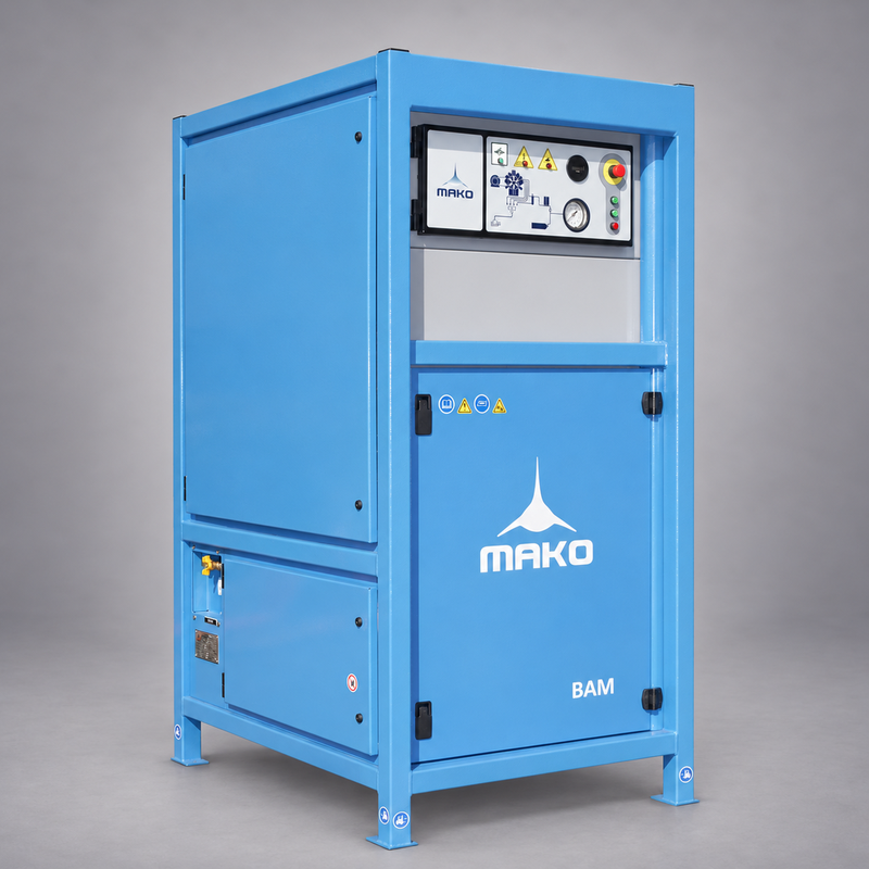 MAKO Breathing Air Module BAM compressor in blue sound-attenuating enclosure