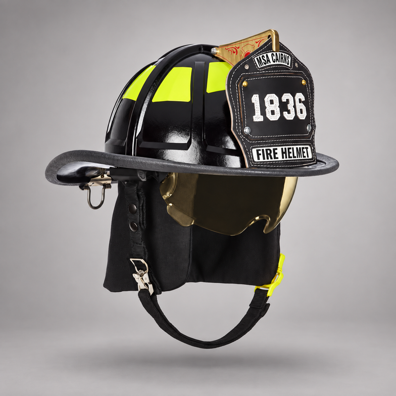 Black MSA Cairns 1836 fire helmet with amber Defender visor, black Nomex earlaps and Maltese Cross front holder