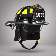 Black MSA Cairns 1836 fire helmet with Bourke eye shields, black Nomex earlaps and carved eagle front holder