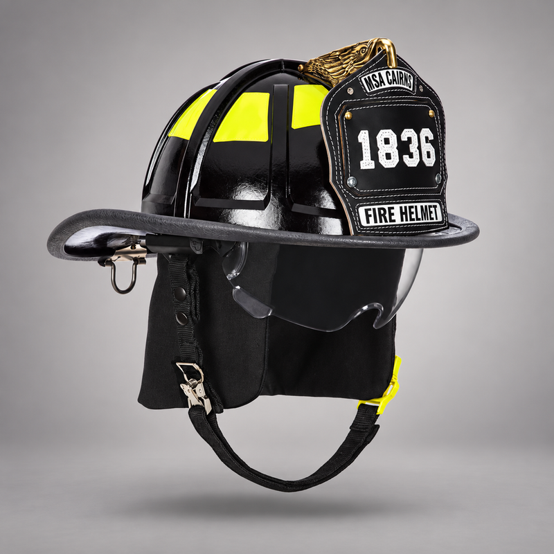 Black MSA Cairns 1836 fire helmet with Bourke eye shields, black Nomex earlaps and carved eagle front holder