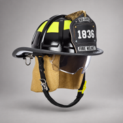 Black MSA Cairns 1836 fire helmet with clear Defender visor, PBI earlaps and carved eagle front holder