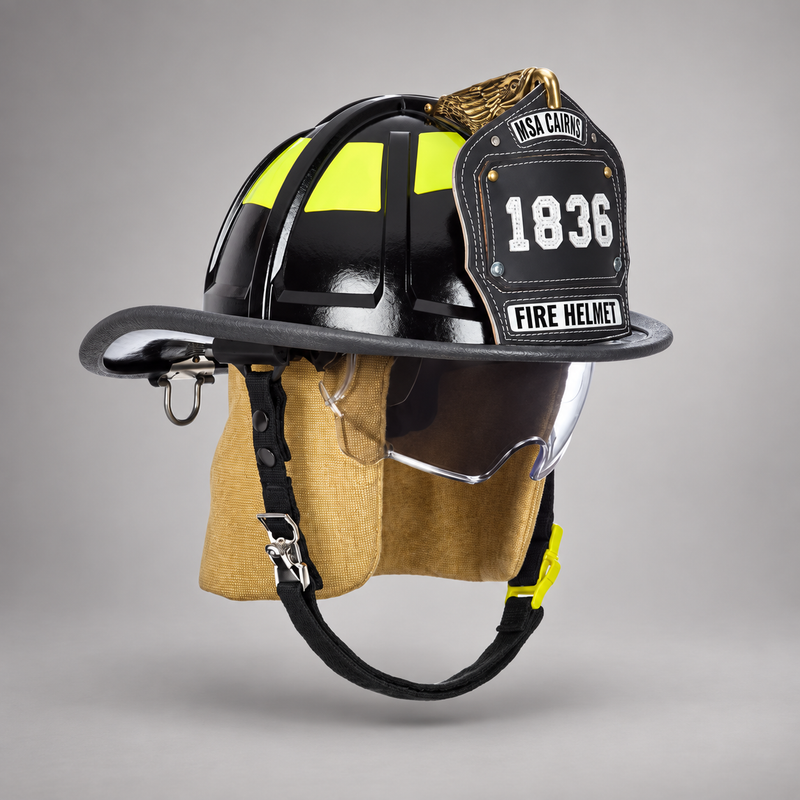Black MSA Cairns 1836 fire helmet with clear Defender visor, PBI earlaps and carved eagle front holder