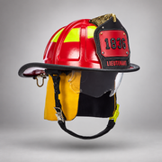 Red MSA Cairns 1836 fire helmet with clear Defender visor, yellow Nomex earlaps and carved eagle front holder