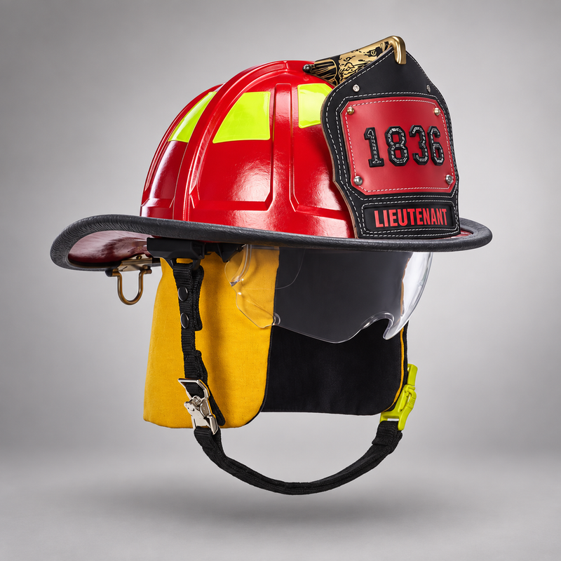 Red MSA Cairns 1836 fire helmet with clear Defender visor, yellow Nomex earlaps and silkscreen eagle front holder