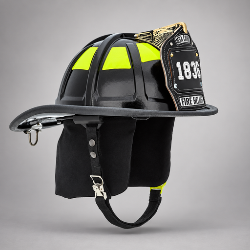 MSA Cairns 1836 traditional black composite structural fire helmet with lime-yellow reflective trim