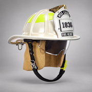 White MSA Cairns 1836 fire helmet with clear Defender visor, PBI earlaps and carved eagle front holder
