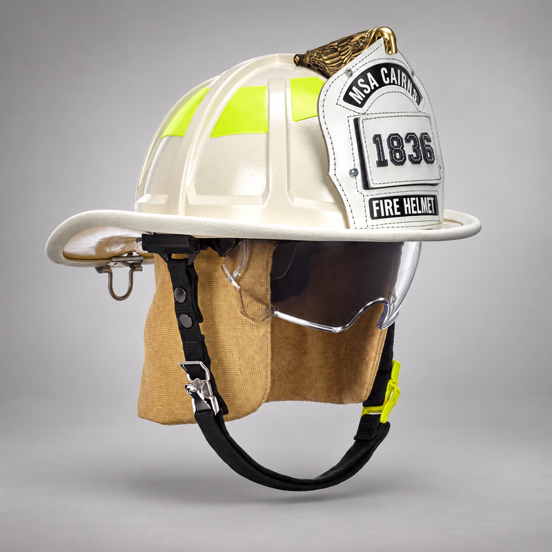 White MSA Cairns 1836 fire helmet with clear Defender visor, PBI earlaps and carved eagle front holder