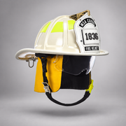 White MSA Cairns 1836 fire helmet with clear Defender visor, yellow Nomex earlaps and silkscreen eagle front holder
