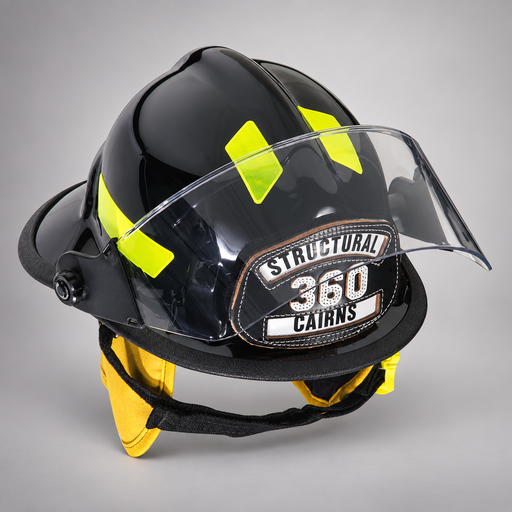 Black MSA Cairns 360S structural fire helmet with 4-inch faceshield