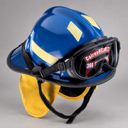 Blue MSA Cairns 360S structural fire helmet with firefighter goggles