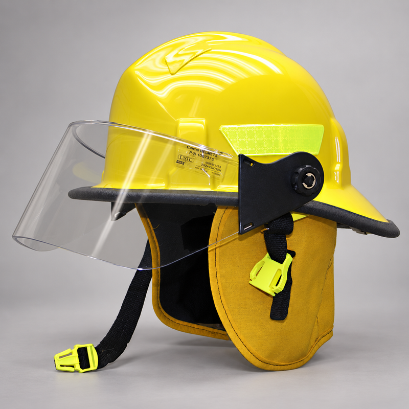 Side view of yellow MSA Cairns 360S structural fire helmet with faceshield and earlap