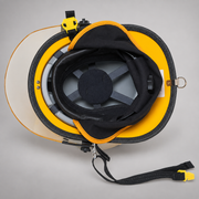 Cutaway view of MSA Cairns 660C Metro showing fiberglass composite shell and impact cap