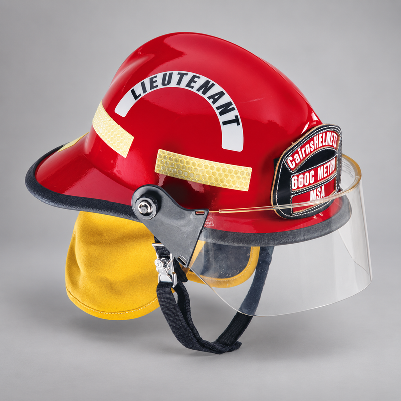 Red MSA Cairns 660C Metro composite fire helmet with clear 4-inch faceshield