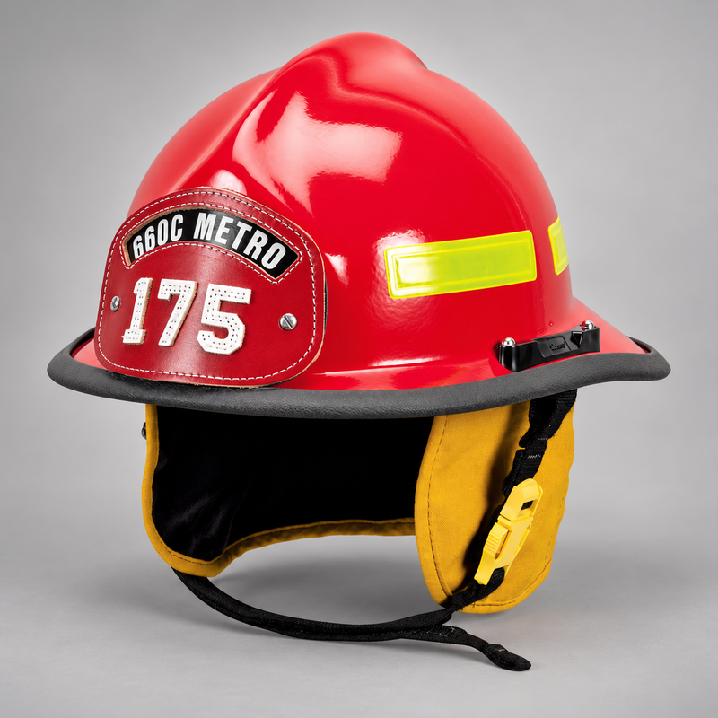 Red MSA Cairns 660C Metro composite fire helmet with reflective trim and front shield