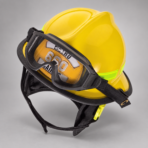 Yellow MSA Cairns 660C Metro composite fire helmet with ESS goggles