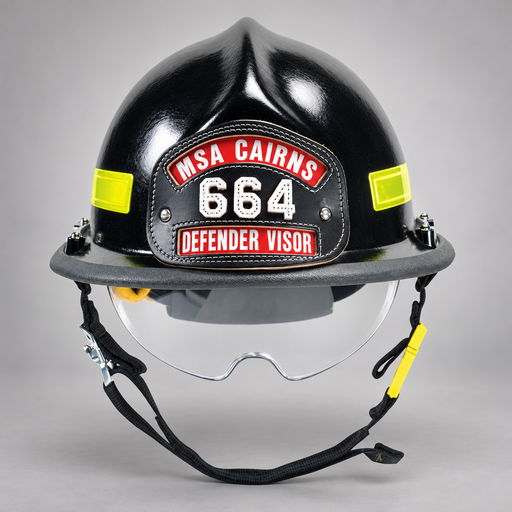 Black MSA Cairns Invader 664 composite fire helmet with Defender visor