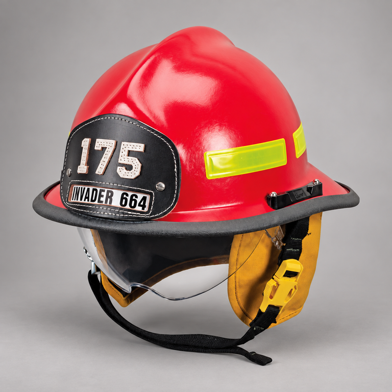 Red MSA Cairns Invader 664 structural fire helmet with clear faceshield