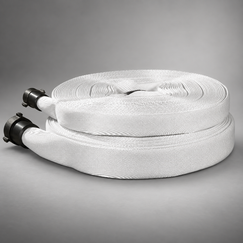 Two coiled Niedner ALTRA 187 forestry hoses with dark couplings on a gray studio background