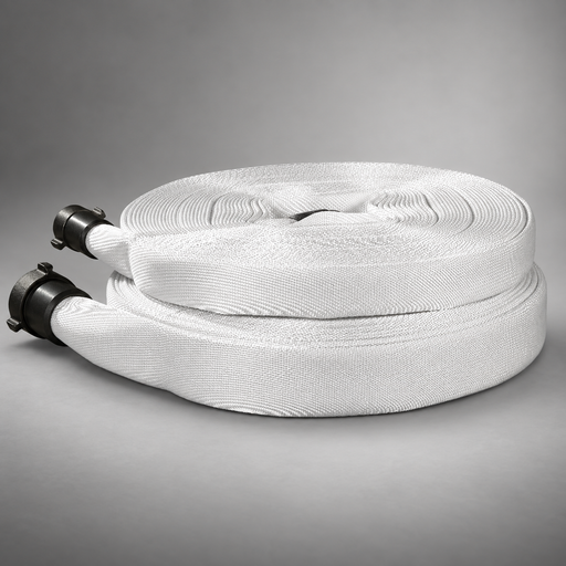 Two coiled Niedner ALTRA 187 forestry hoses with dark couplings on a gray studio background