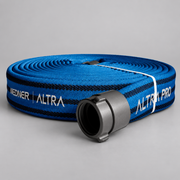 Blue NIEDNER PRO attack hose coil with black woven ribs and aluminum coupling