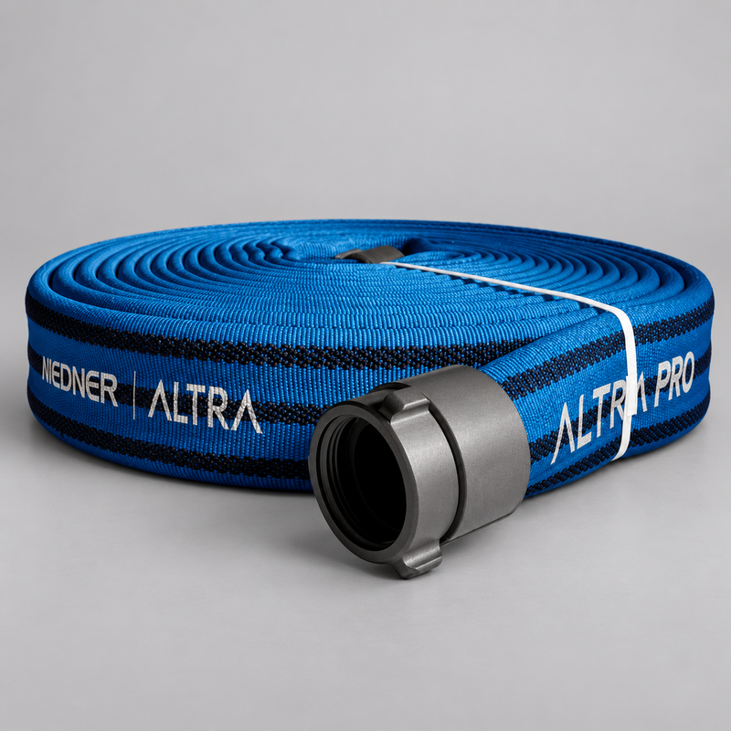 Blue NIEDNER PRO attack hose coil with black woven ribs and aluminum coupling