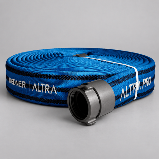Blue NIEDNER PRO attack hose coil with black woven ribs and aluminum coupling